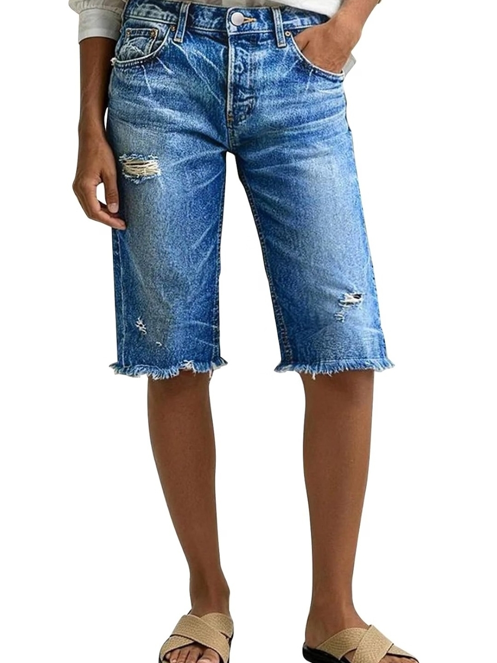 Flamingals Distressed Mid-Length Denim Bermuda Shorts - NWT